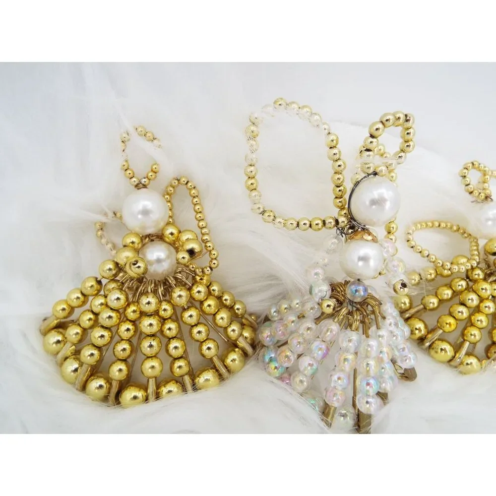 Vintage Handmade Beaded Safety Pin Angel Figurines Ornaments Lot of 5